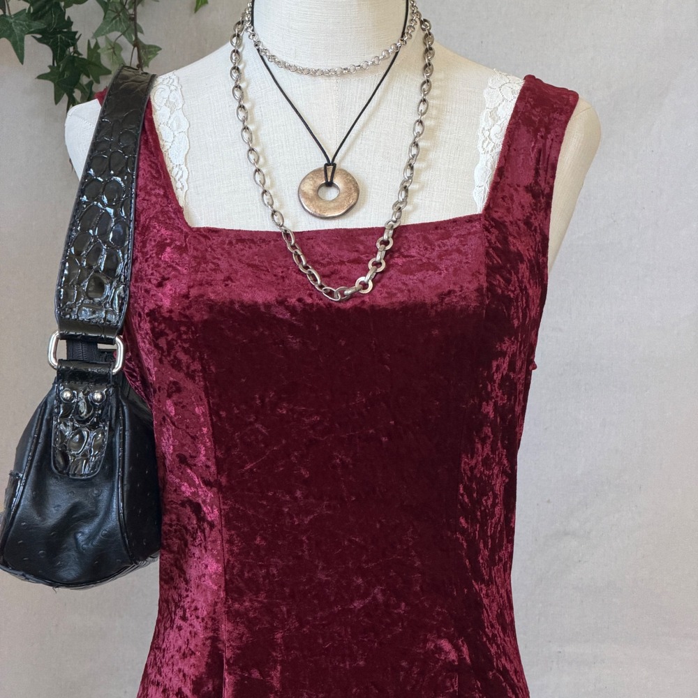 Burgundy Crushed Velvet X-Back Dress Grunge Goth Vintage 90s Medium - Picture 8 of 9